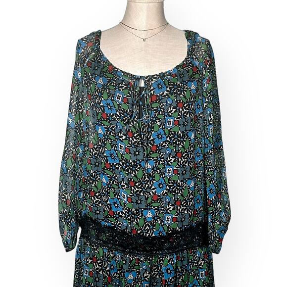 ANNA SUI 100% Silk Retro Dress Drop Waist Floral Sheer Cottagecore Chiffon 4 - Picture 2 of 10